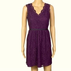 LOFT by ANN TAYLOR deep purple lace over satin midi dress in size 2-Petite. EUC